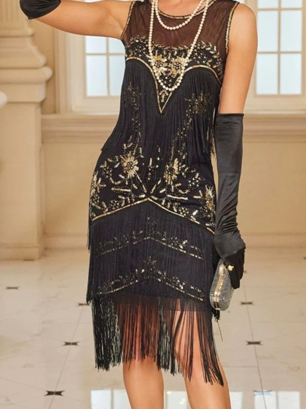 Black & Gold Fringe Beaded Flapper Dress